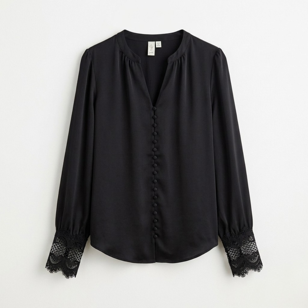 Joie Black V-Neck Button-Front Blouse with‎ Lace Cuffs - Size Medium